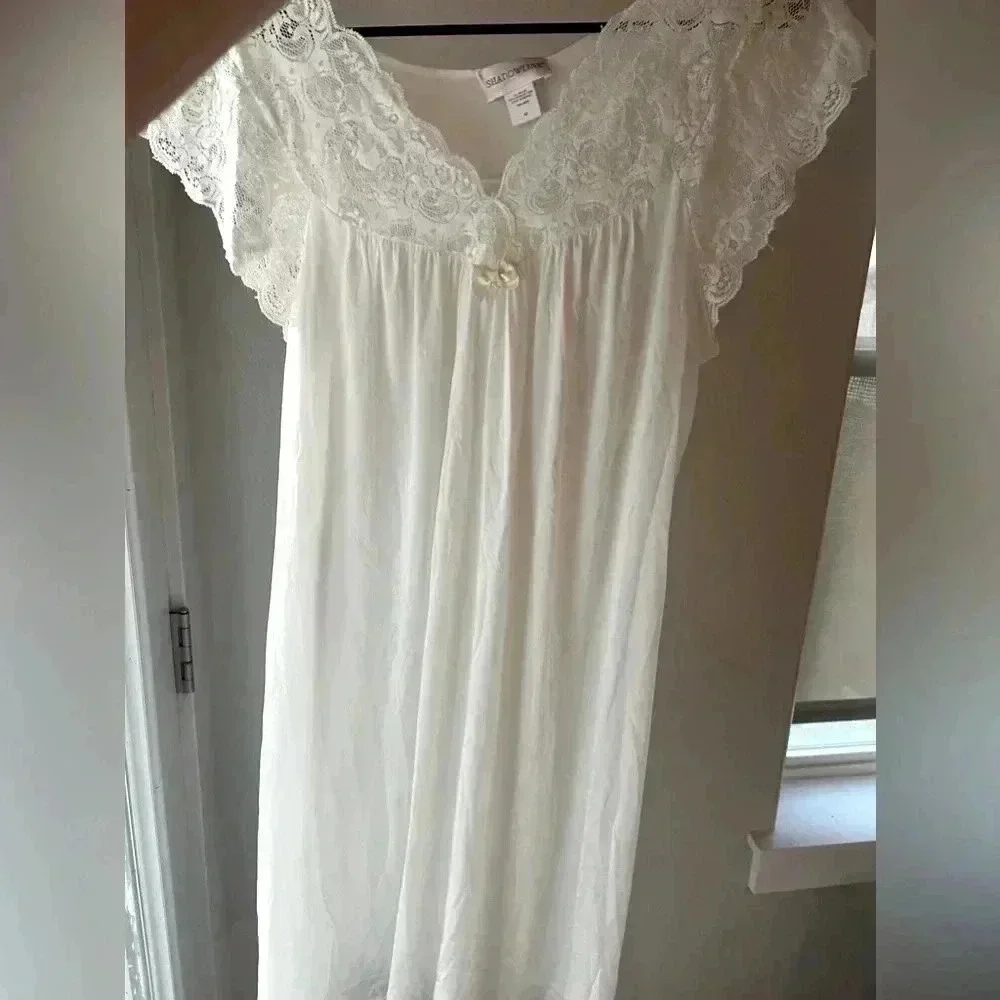Vintage grannycore coquette ivory bow lace chemise slip dress lingerie nightie - Picture 12 of 13
